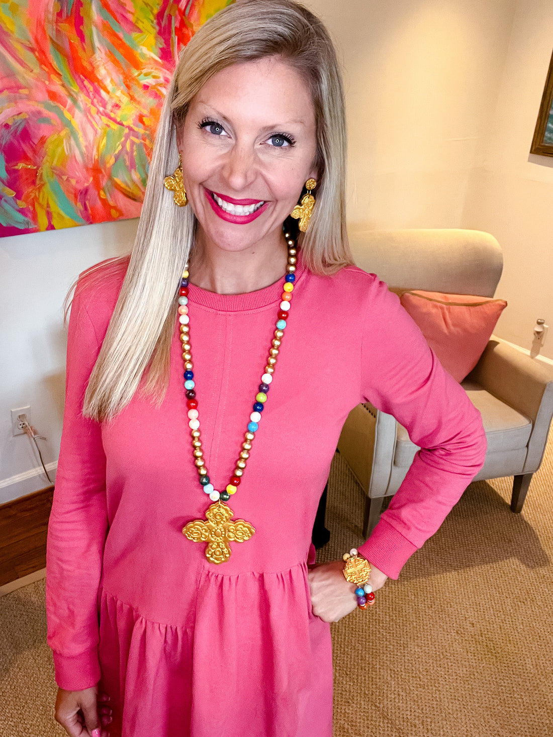 Multicolored Jade Double Strand with Jerusalem Cross Bracelet