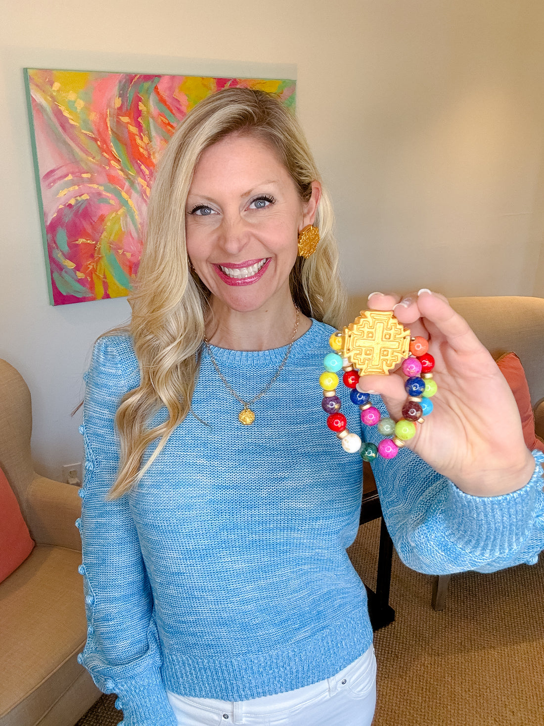 Multicolored Jade Double Strand with Jerusalem Cross Bracelet