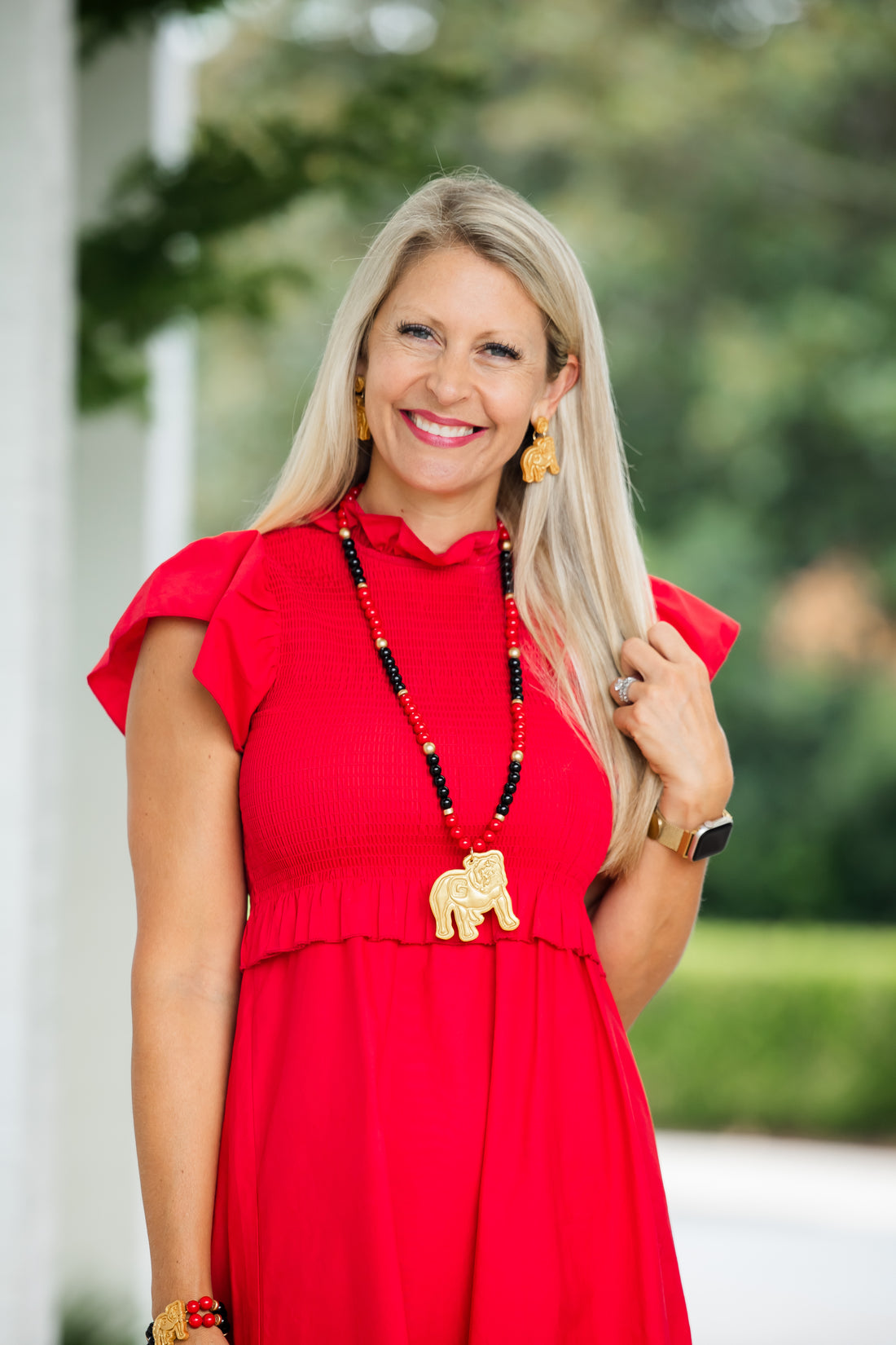 34" Black and Red Jade with Bulldog Medallion