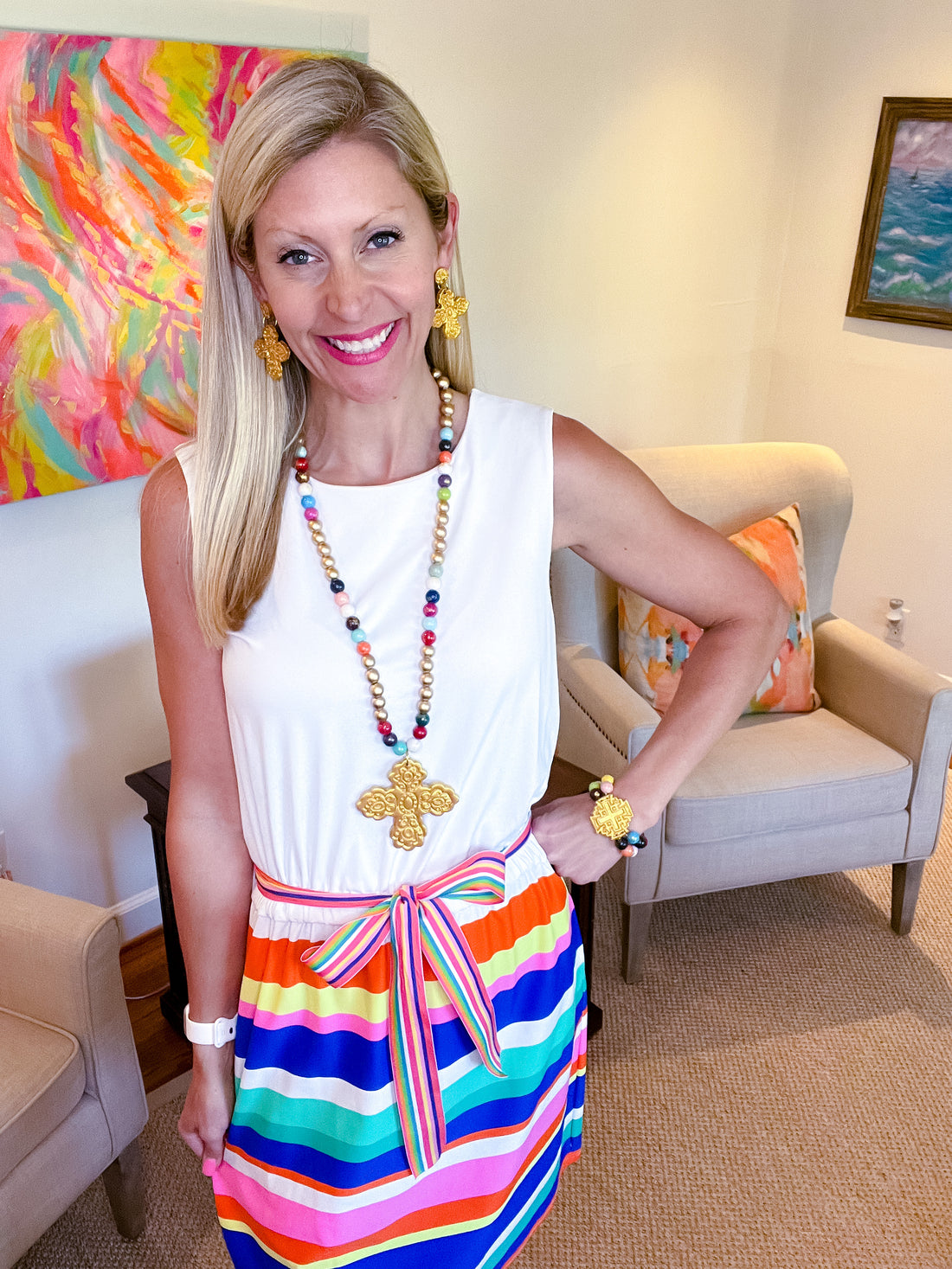 Multicolored Jade Double Strand with Jerusalem Cross Bracelet