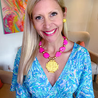 Hot Pink Jade Nuggets with Jerusalem Cross Necklace