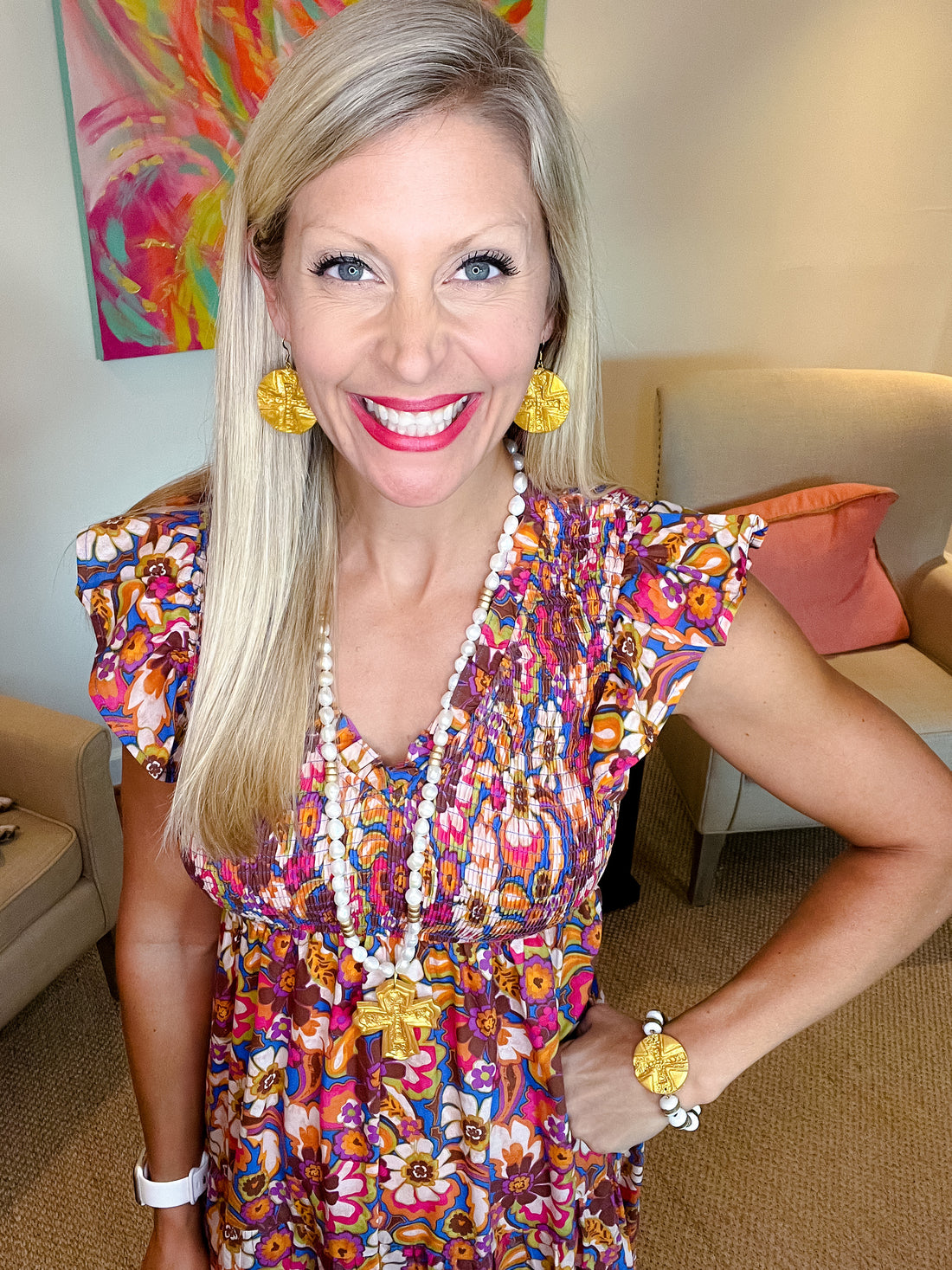 White & Gold African Glass with Leah Cross Bracelet