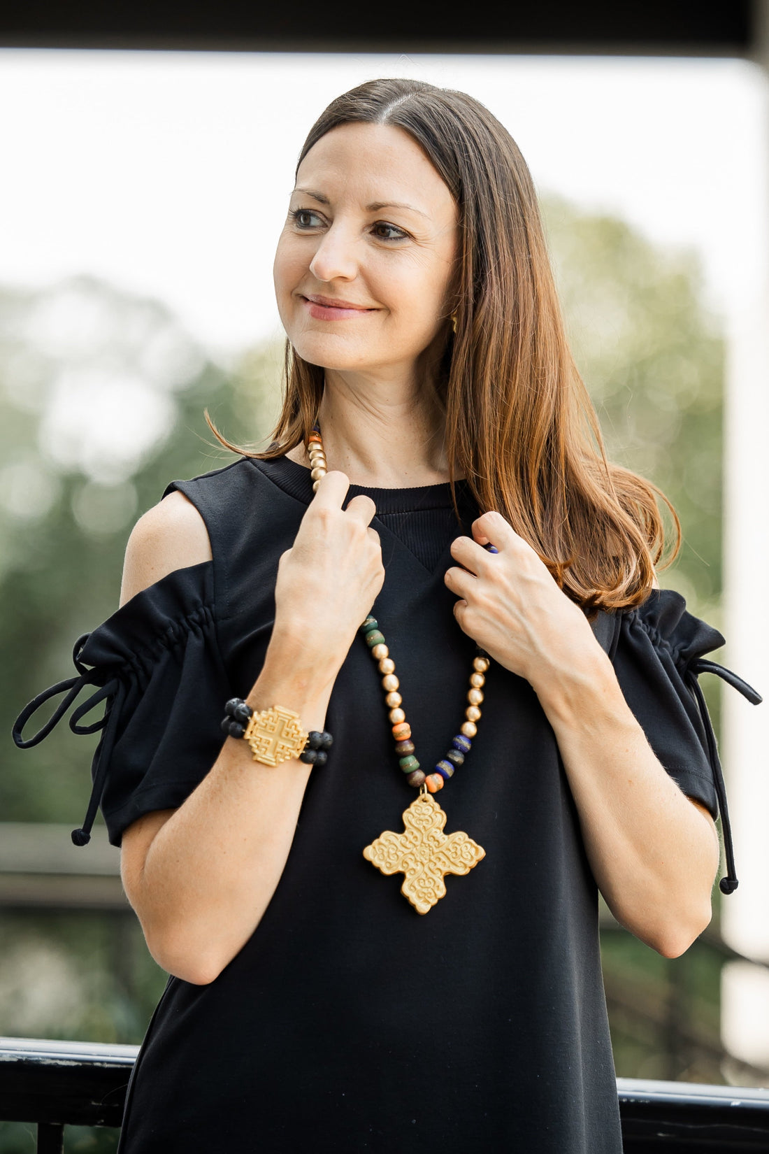 Black Lava Double Strand with Jerusalem Cross