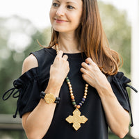 Black Lava Double Strand with Jerusalem Cross