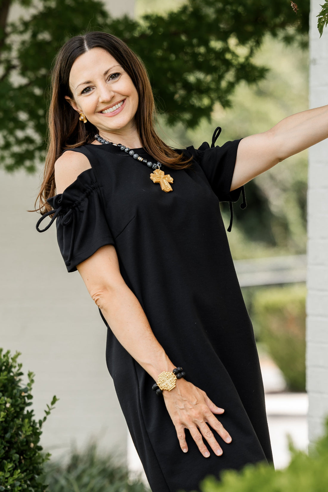 Black Lava Double Strand with Jerusalem Cross