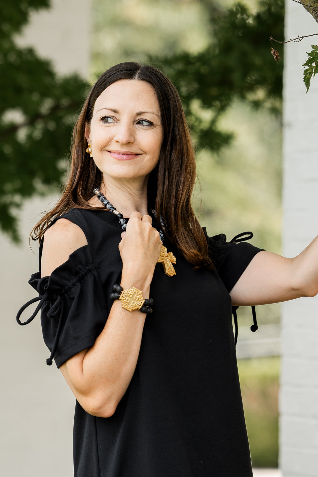 Black Lava Double Strand with Jerusalem Cross