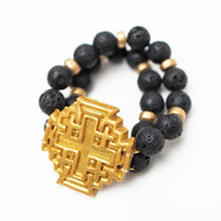 Black Lava Double Strand with Jerusalem Cross