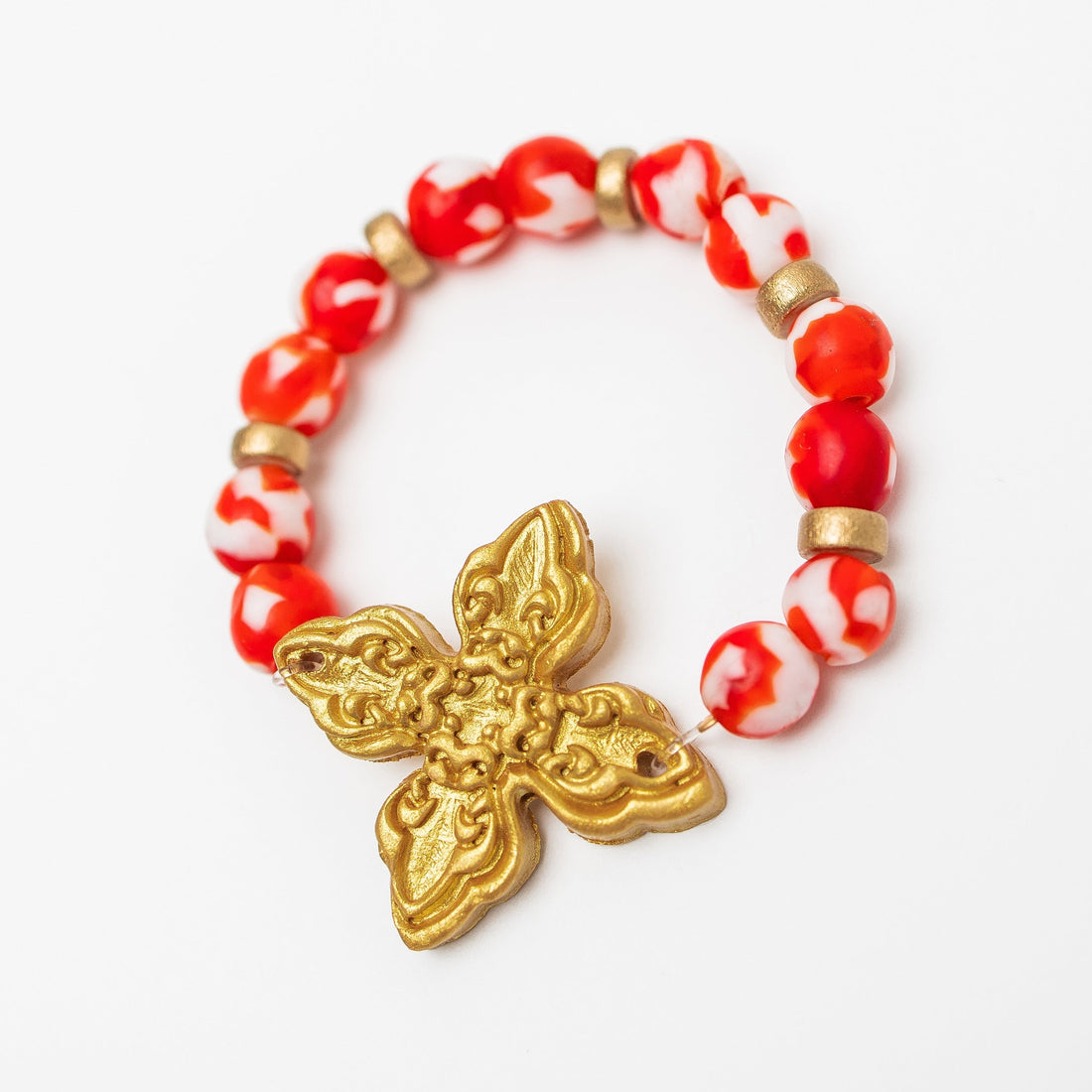 Red and White African Glass with Kait Cross