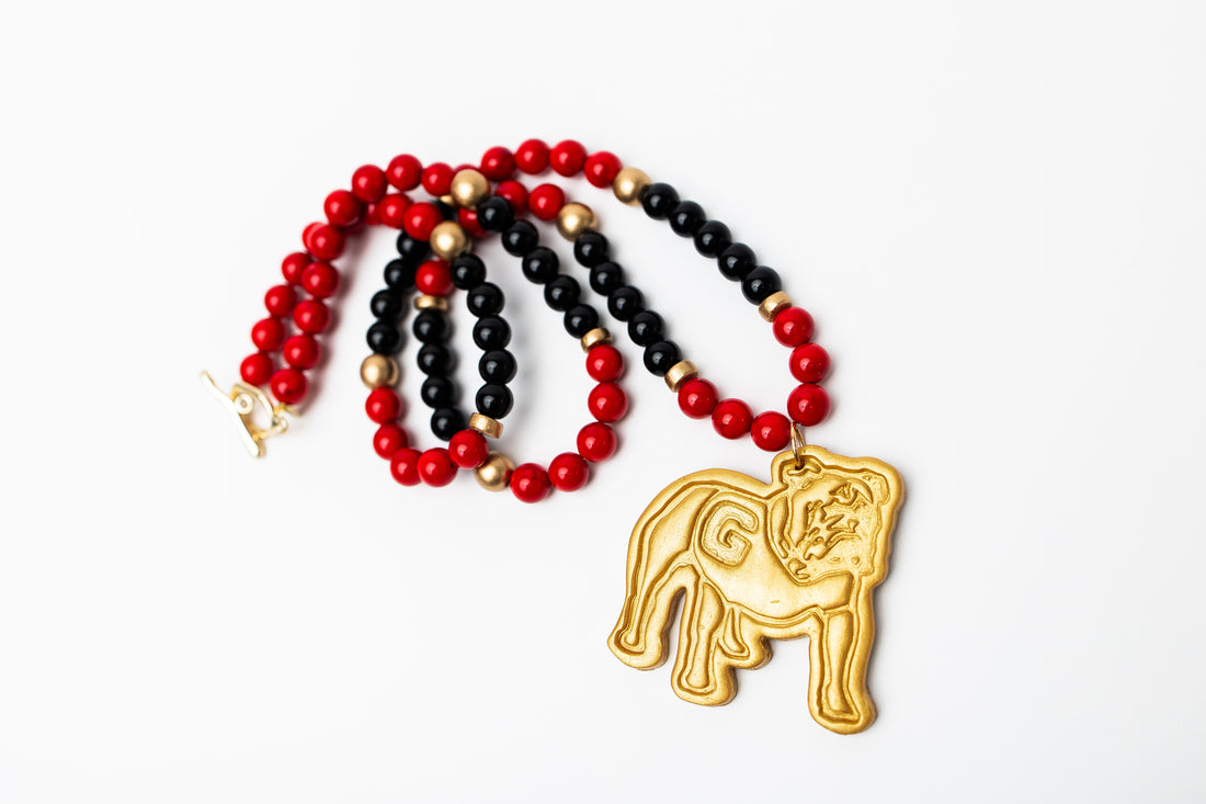 34" Black and Red Jade with Bulldog Medallion