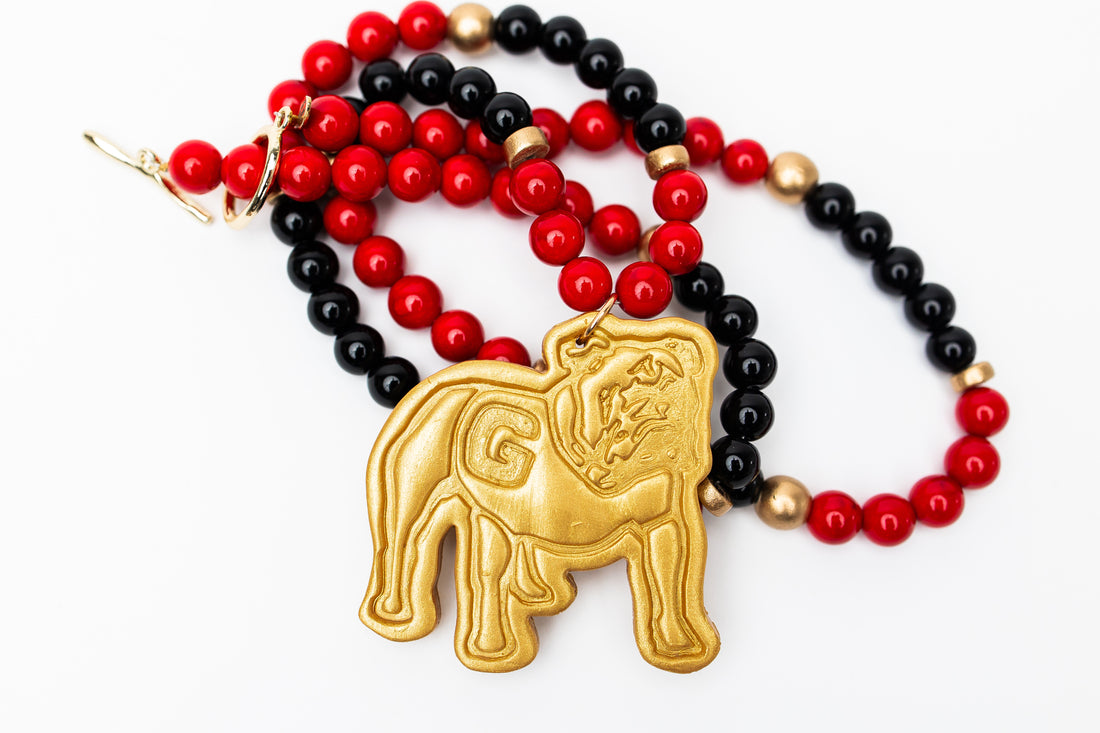 34" Black and Red Jade with Bulldog Medallion