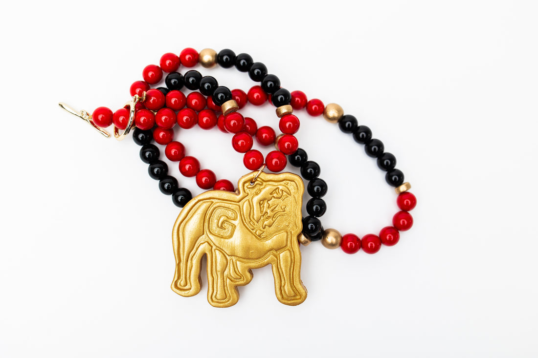 34" Black and Red Jade with Bulldog Medallion