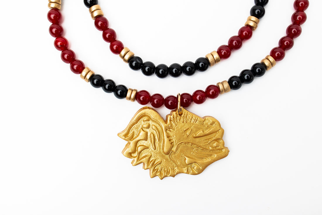 Garnet & Black Double Jade with Gamecock Medallion