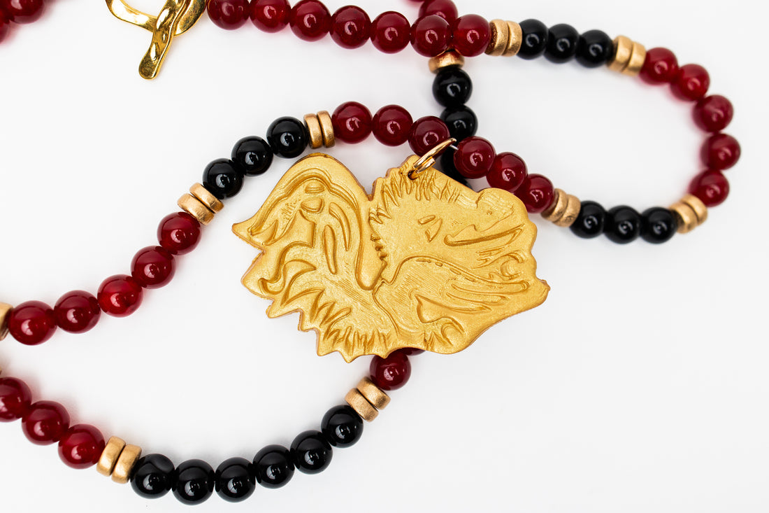 Garnet & Black Double Jade with Gamecock Medallion