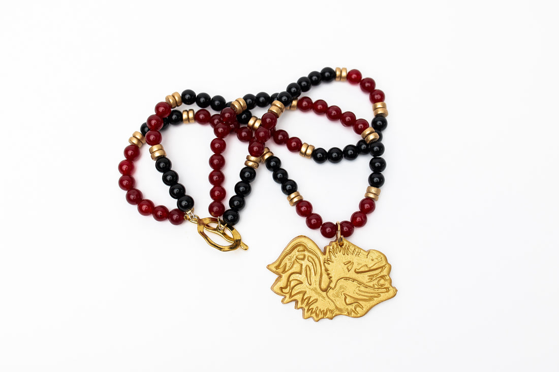 Garnet & Black Double Jade with Gamecock Medallion