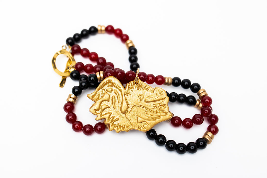 Garnet & Black Double Jade with Gamecock Medallion
