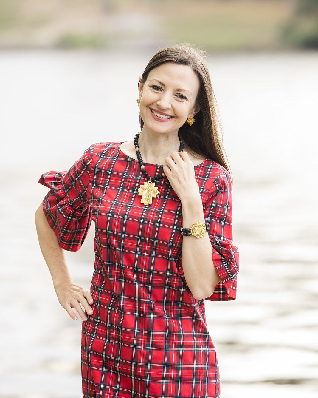Black Lava Double Strand with Jerusalem Cross