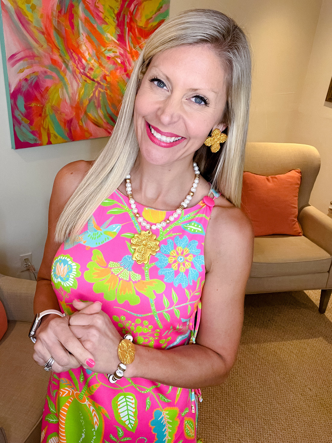 White & Gold African Glass with Leah Cross Bracelet