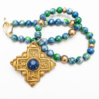 18" Blue and Green Rainflower Jasper with Ellie Cross