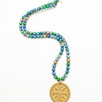 34" Blue and Green Rainflower Jasper with Hannah Cross