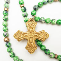 34" Green and Blue Rainflower Jasper with Sarah Cross