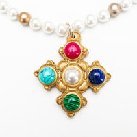 18" Pearls with Multi Gem Esther Cross