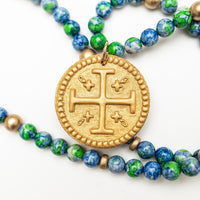 34" Blue and Green Rainflower Jasper with Hannah Cross