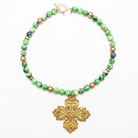 18" Green and Blue Rainflower Jasper with April Cross