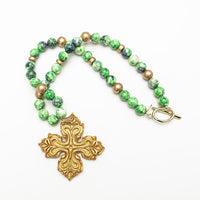 18" Green and Blue Rainflower Jasper with April Cross
