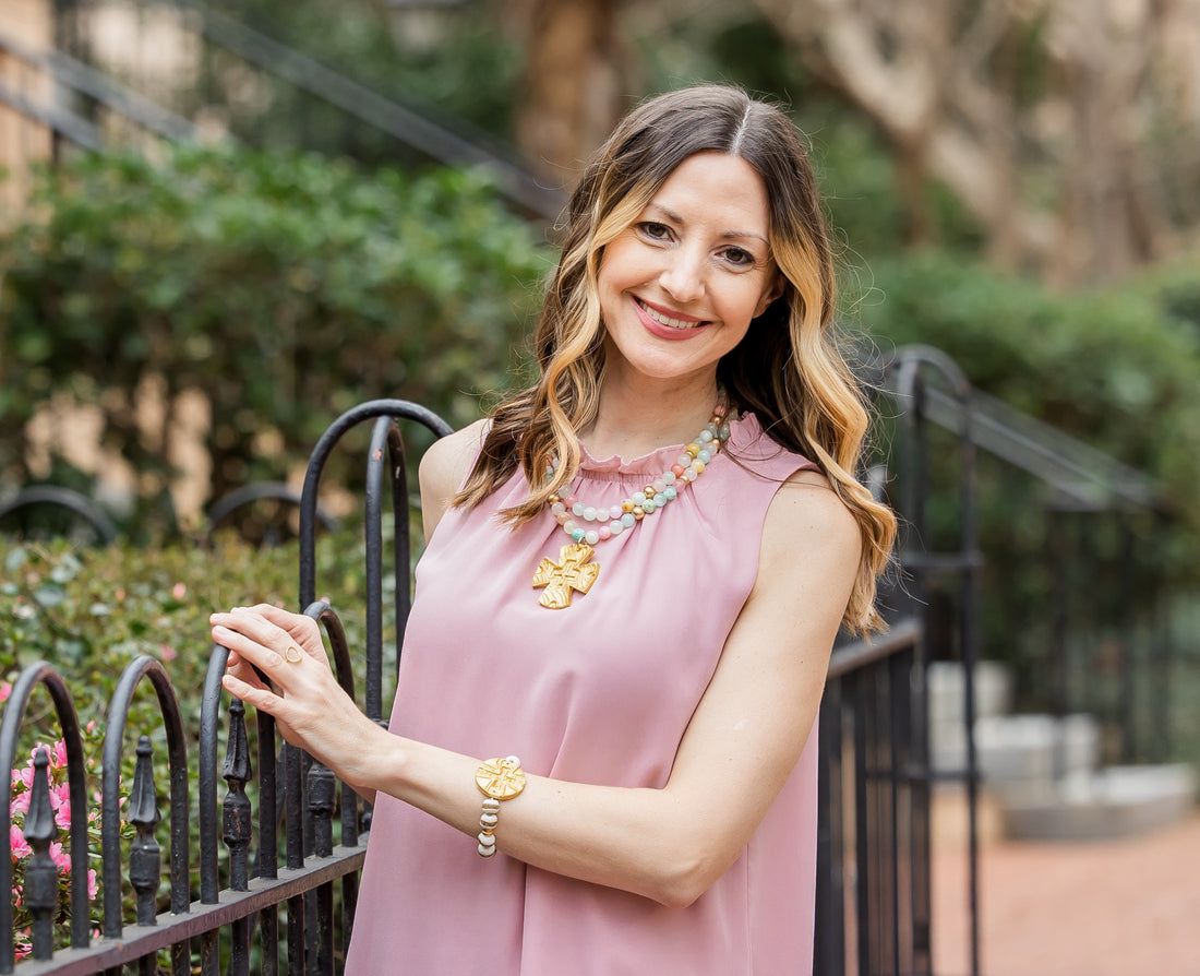 White & Gold African Glass with Leah Cross Bracelet