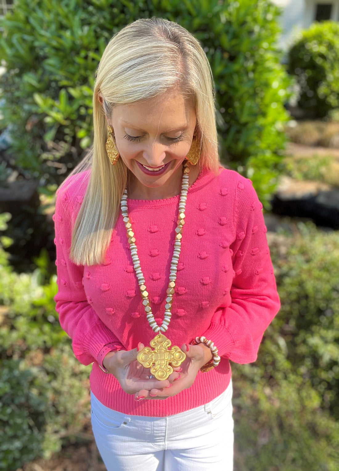 White & Gold African Glass with Leah Cross Bracelet