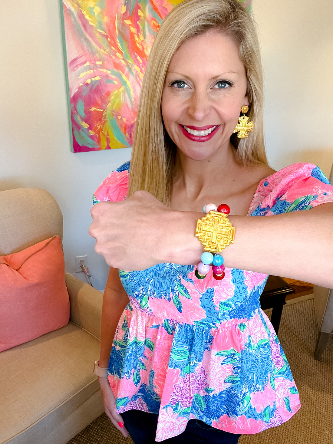 Multicolored Jade Double Strand with Jerusalem Cross Bracelet