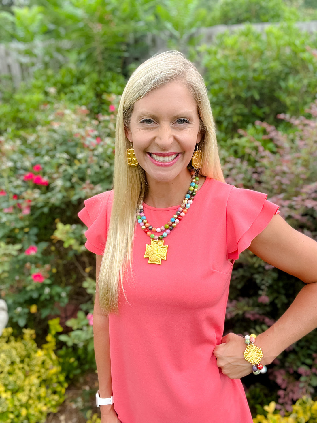 Multicolored Jade Double Strand with Jerusalem Cross Bracelet