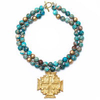 Double Strand Turquoise Sea Sediment Jasper with Jerusalem Cross