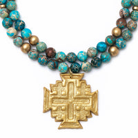 Double Strand Turquoise Sea Sediment Jasper with Jerusalem Cross