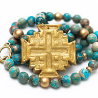 Double Strand Turquoise Sea Sediment Jasper with Jerusalem Cross