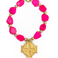 Hot Pink Jade Nuggets with Jerusalem Cross Necklace