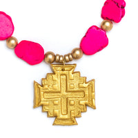 Hot Pink Jade Nuggets with Jerusalem Cross Necklace