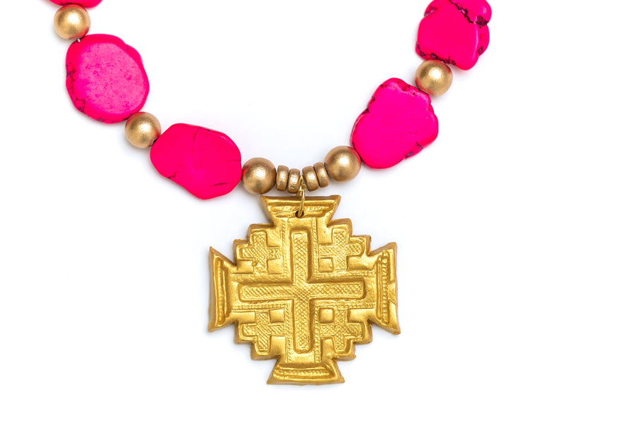 Hot Pink Jade Nuggets with Jerusalem Cross Necklace