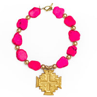 Hot Pink Jade Nuggets with Jerusalem Cross Necklace