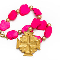 Hot Pink Jade Nuggets with Jerusalem Cross Necklace