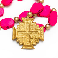 Hot Pink Jade Nuggets with Jerusalem Cross Necklace