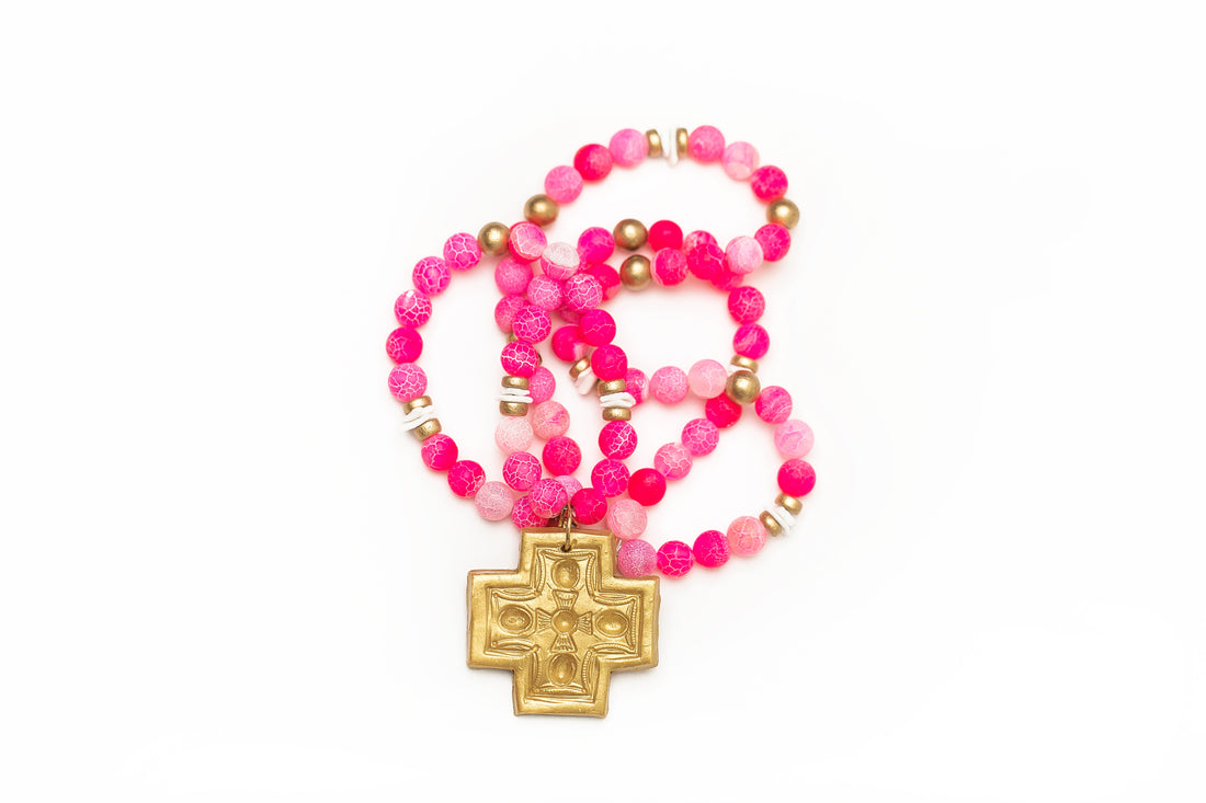 Double Strand Pink Fire Agate with Lere Cross Necklace