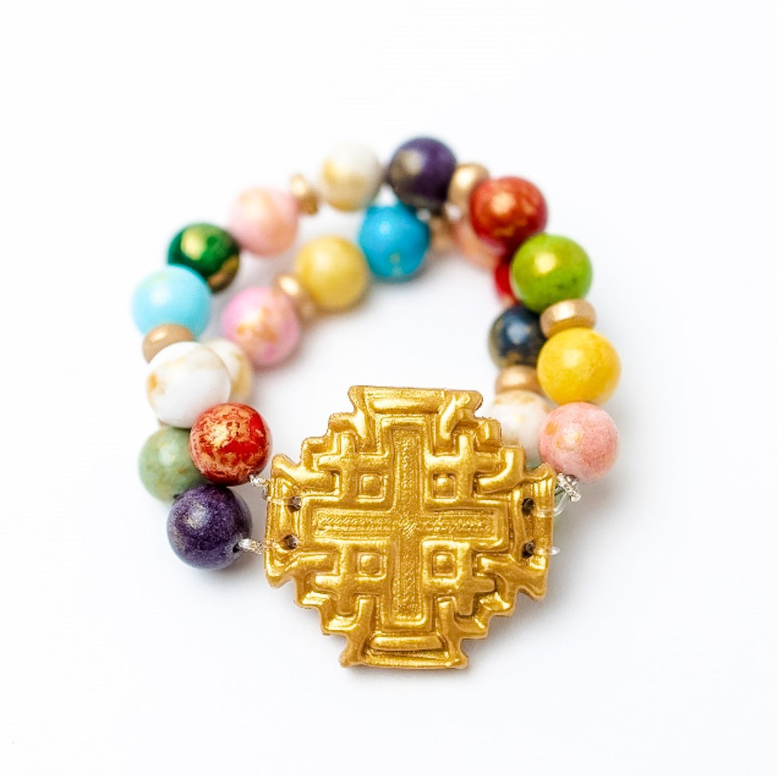 Multicolored Jade Double Strand with Jerusalem Cross Bracelet