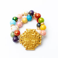 Multicolored Jade Double Strand with Jerusalem Cross Bracelet