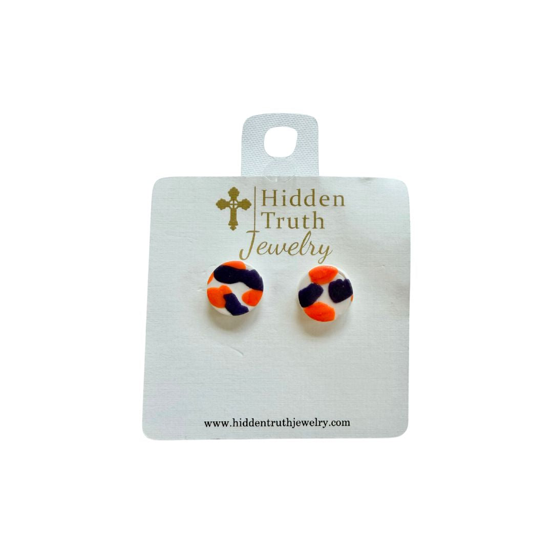 orange and purple studs on white