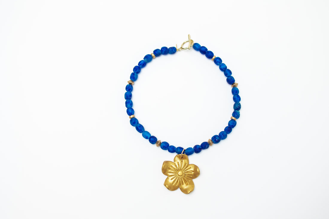 Blue African Glass with Gardenia Blossom