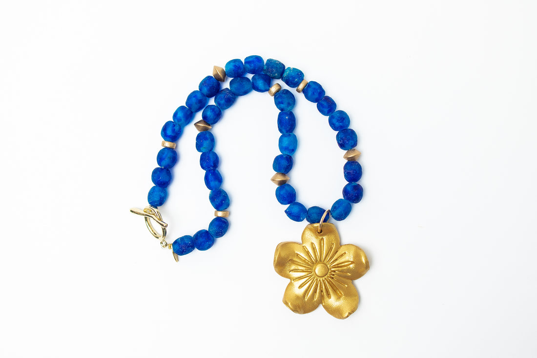 Blue African Glass with Gardenia Blossom