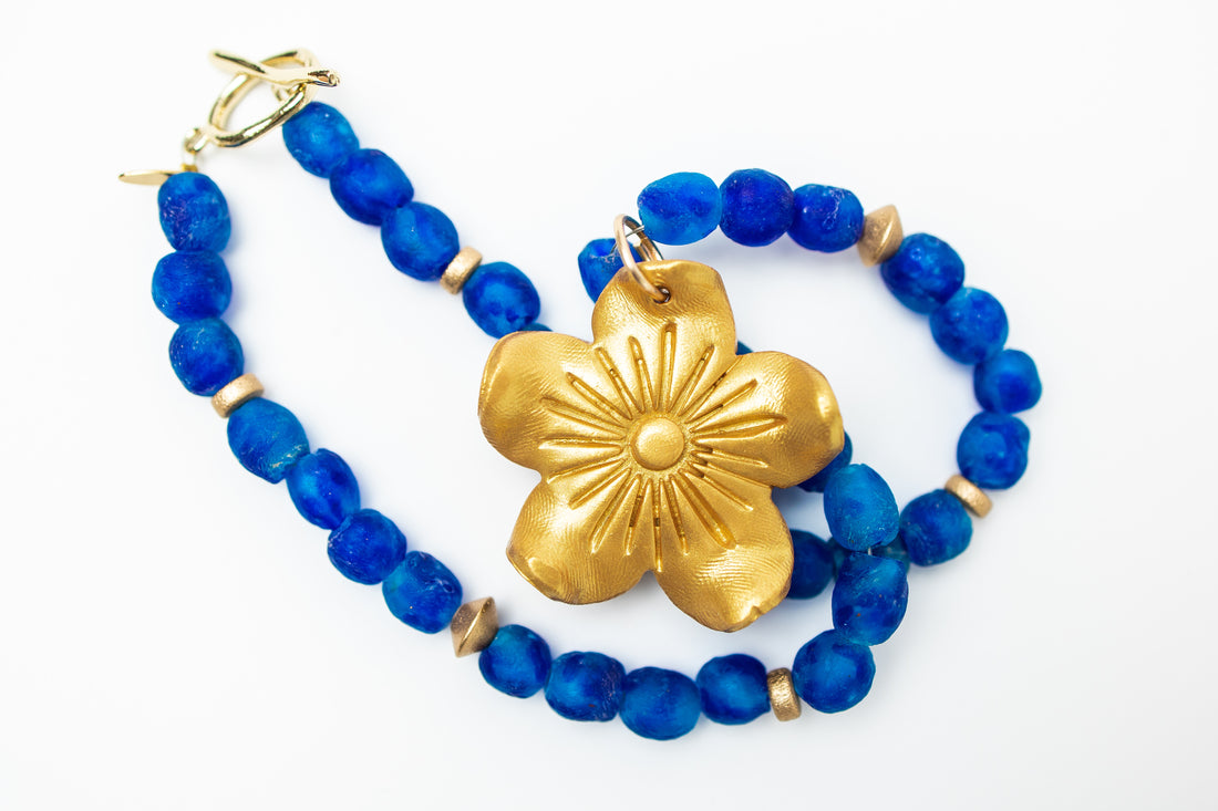 Blue African Glass with Gardenia Blossom