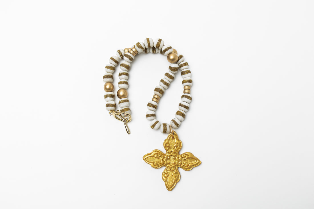White & Gold African Glass with Kait Cross