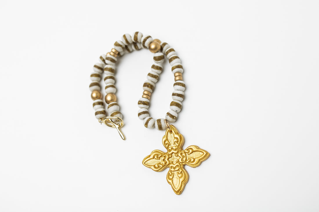 White & Gold African Glass with Kait Cross